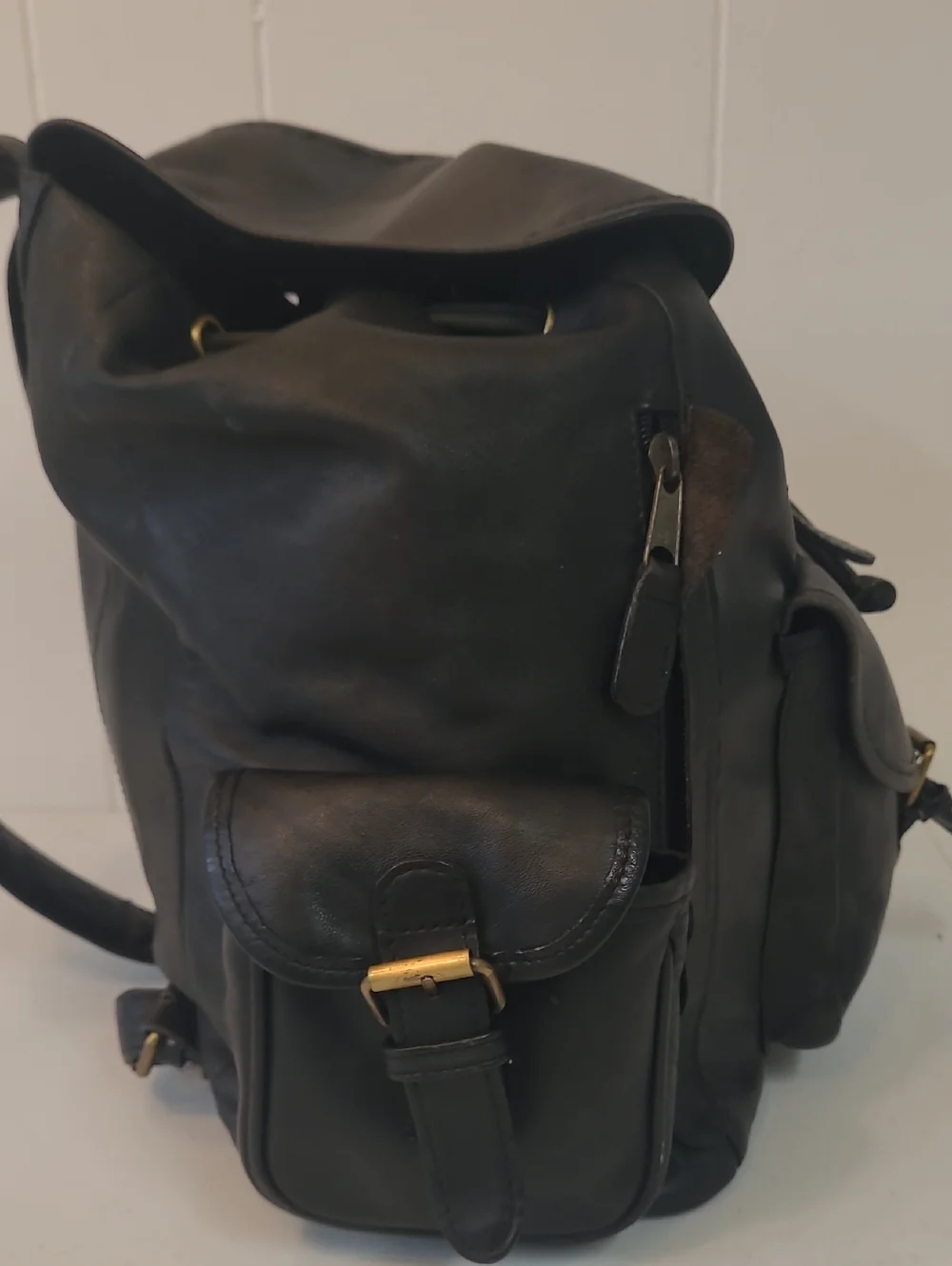 M. London Vintage Black Leather Patinaed Backpack Multi Pocket Drawstring Close